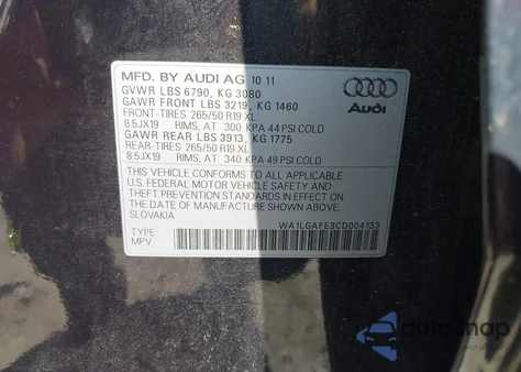 2012 Audi Q7 3.0T Premium из США, поврежденный, VIN WA1LGAFE3CD004133